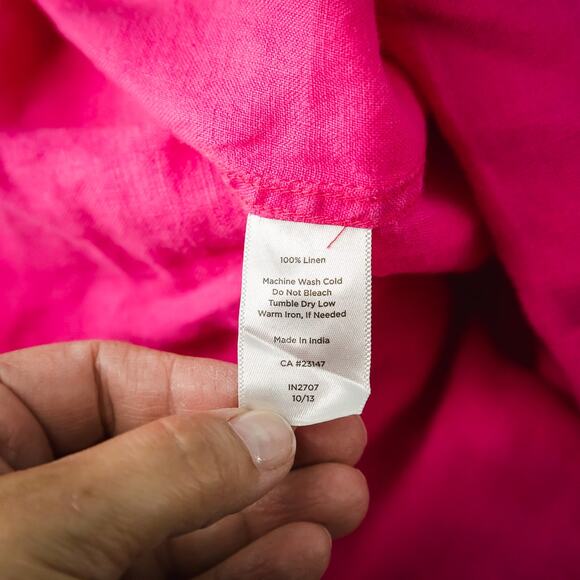 Talbots Size large L Pink Collared Button Long Tab Sleeve 100% Linen Top - Picture 5 of 6